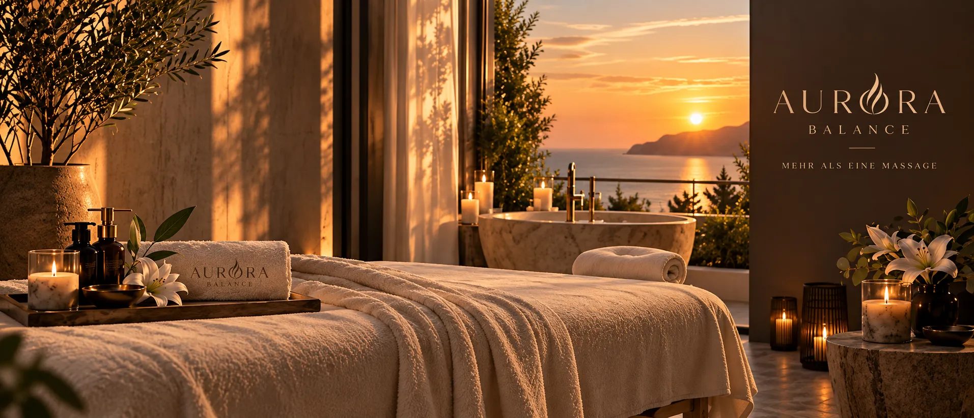 Eine hergerichtete Massageliege mit cremefarbenen Tüchern, davor ein Tablett mit Massageöl, Kerze und einer Lilie. Durch die Fensterfront rechts fällt Abendlicht über dem Meer herein. Niemand im Bild.